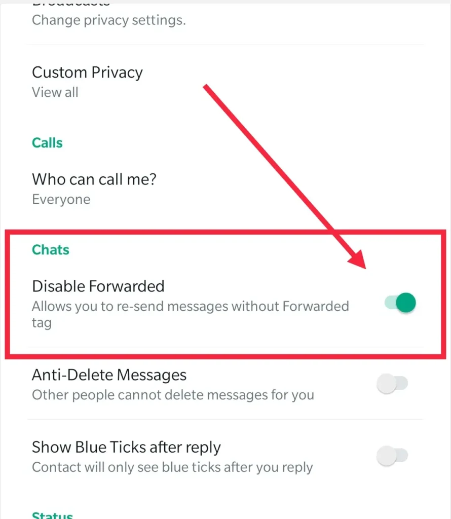 disable forwarded tag in Whatsapp Plus