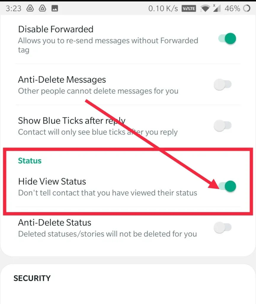 إخفاء خيار حالة العرض في whatsapp plus