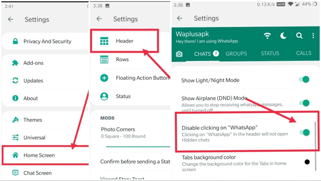 disable clicking on whatsapp for hidden chats in whatsapp plus
